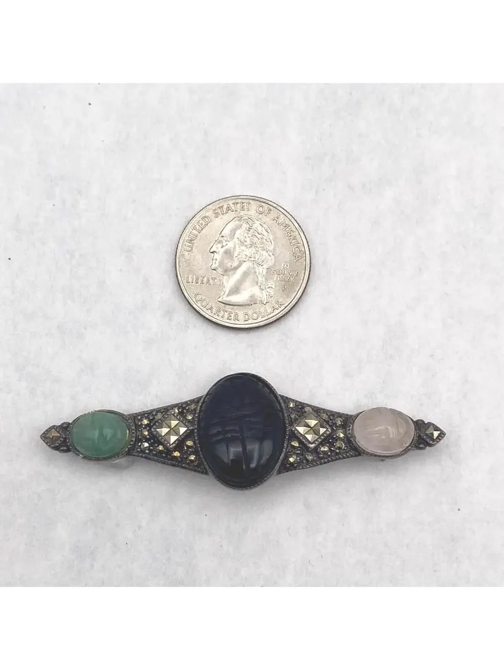 VTG Sterling Silver Multi Stone Carved Scarab Brooch, Egyptian Revival Brooch.
